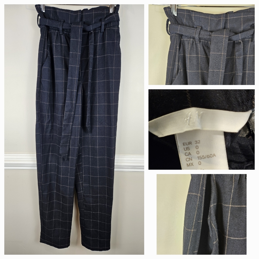 H&M Navy Blue Plaid Paper Bag Waist Trouser Pant Size 0 Tapered Leg A0302